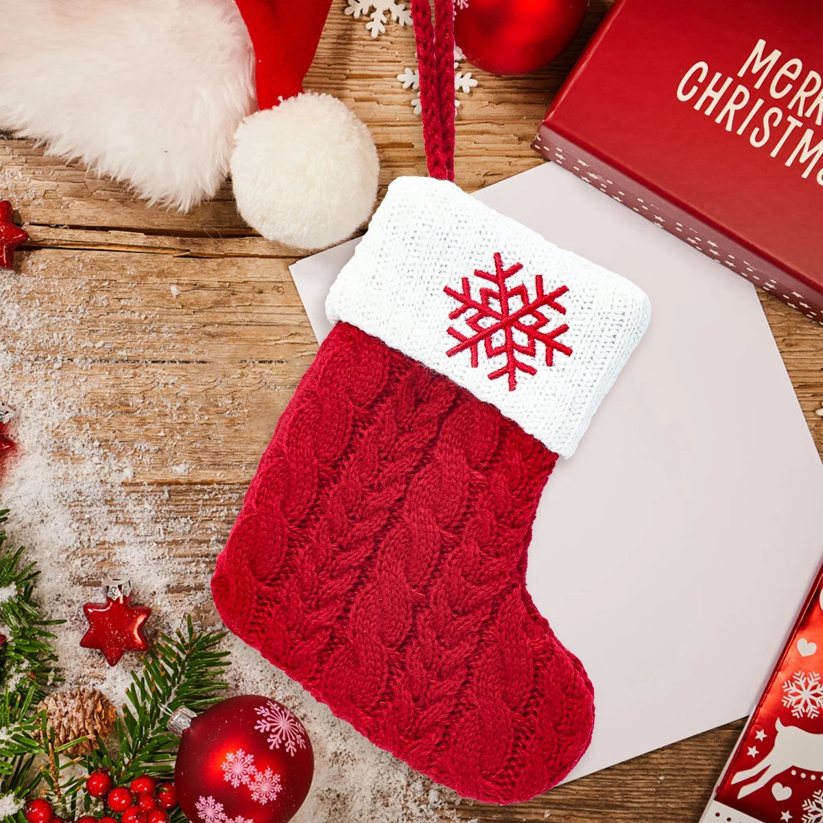 Knitted Christmas Stocking with Snowflake & Letter Design